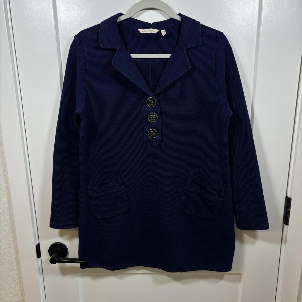 Soft Surroundings Take Two Waffle Knit Tunic With Buttons Navy Blue Large Basics